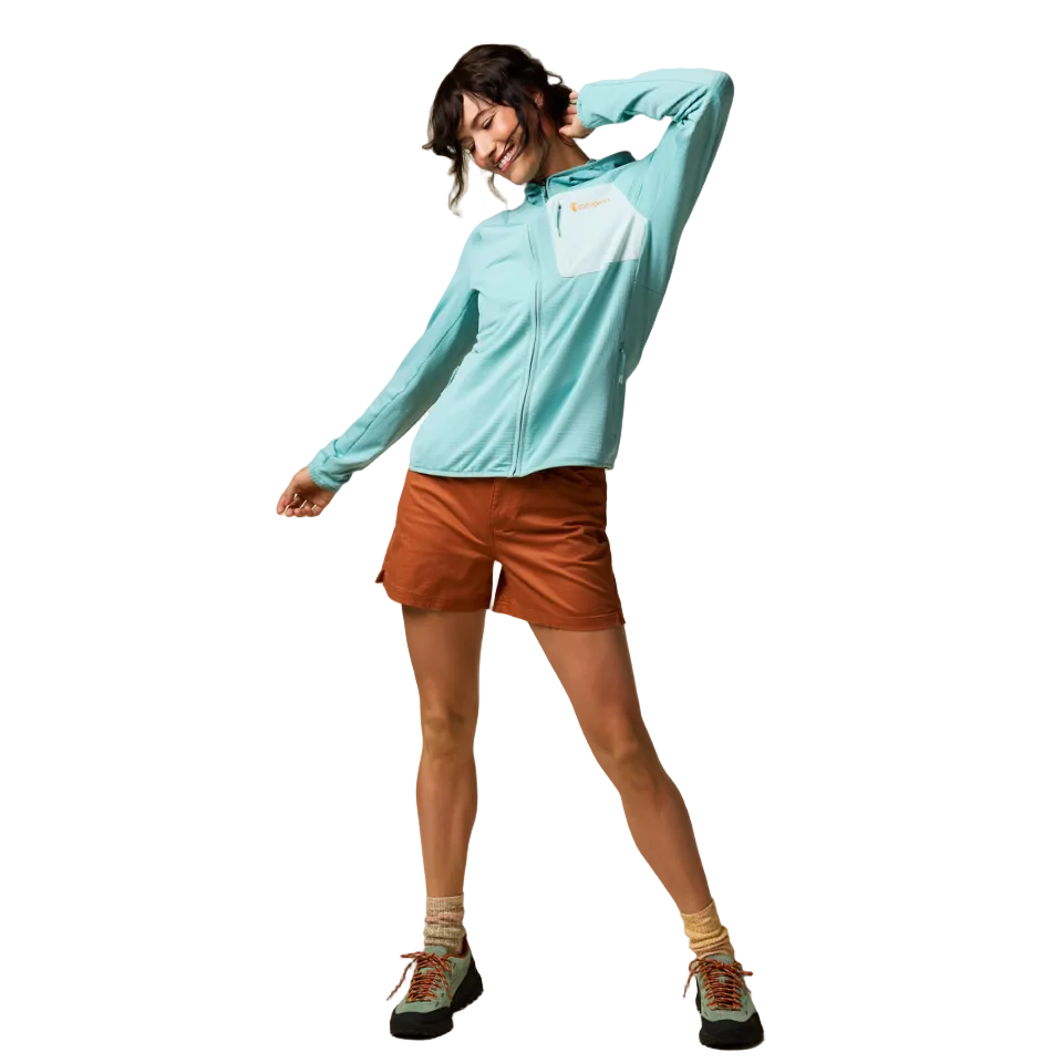 Lightweight fleece hoodie worn in cool summer morning