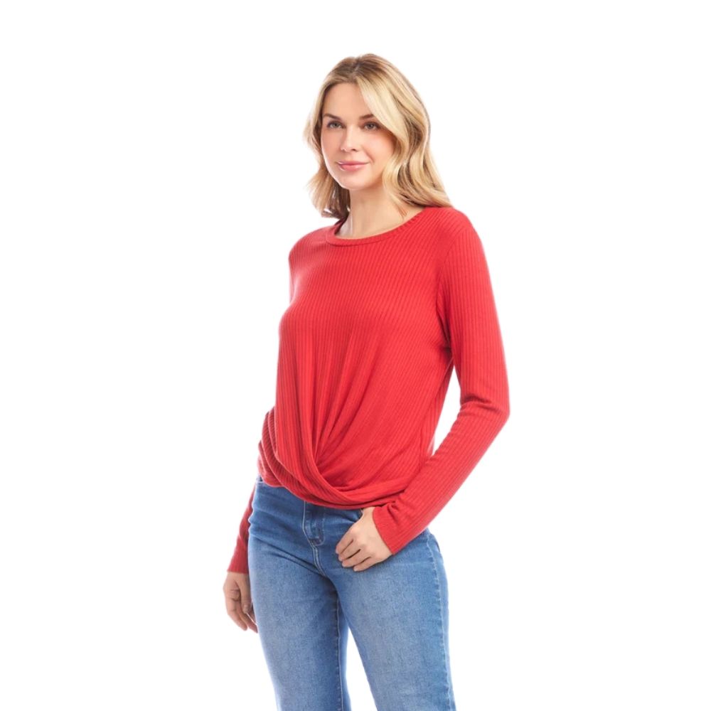 Ribbed Long Sleeve Drape Front Crossover Top