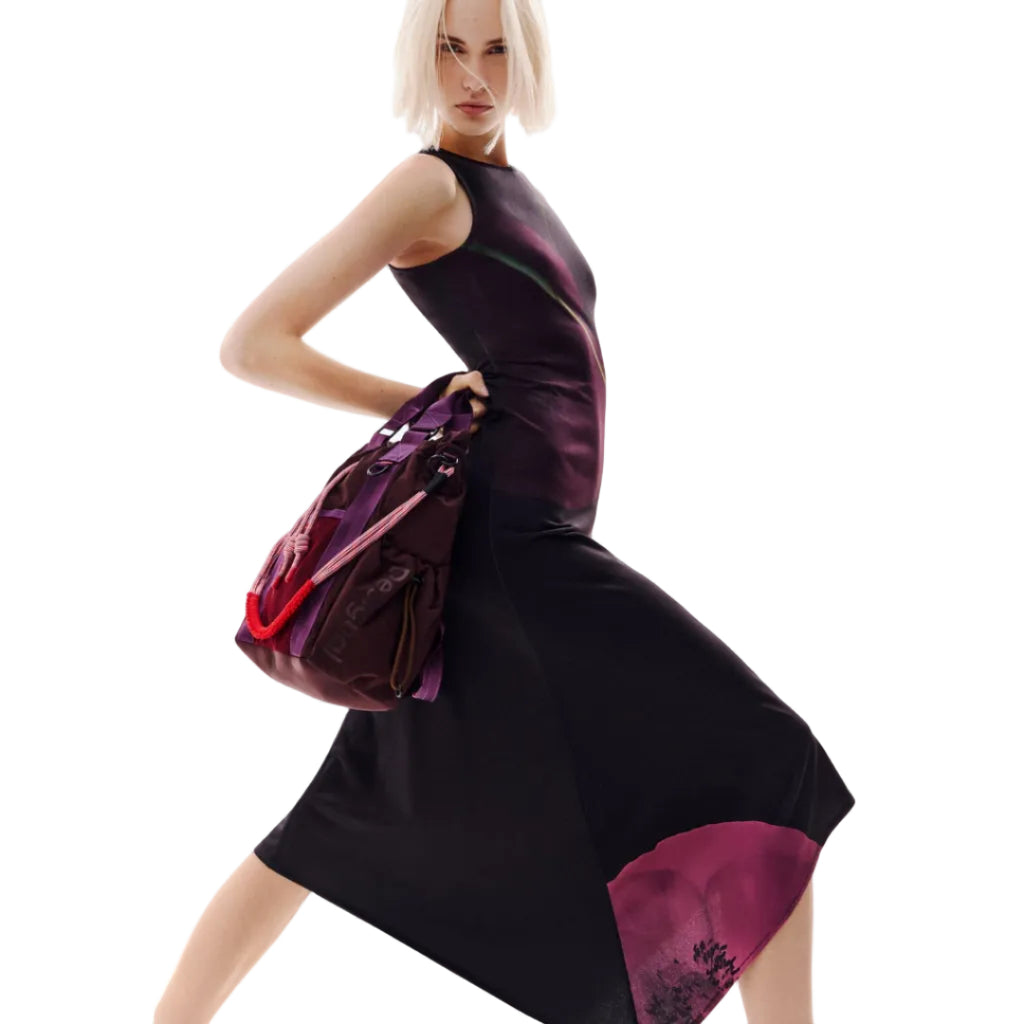 Black Floral Pattern asymmetric poppy dress