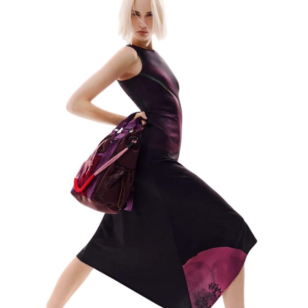 Black Floral Pattern asymmetric poppy dress