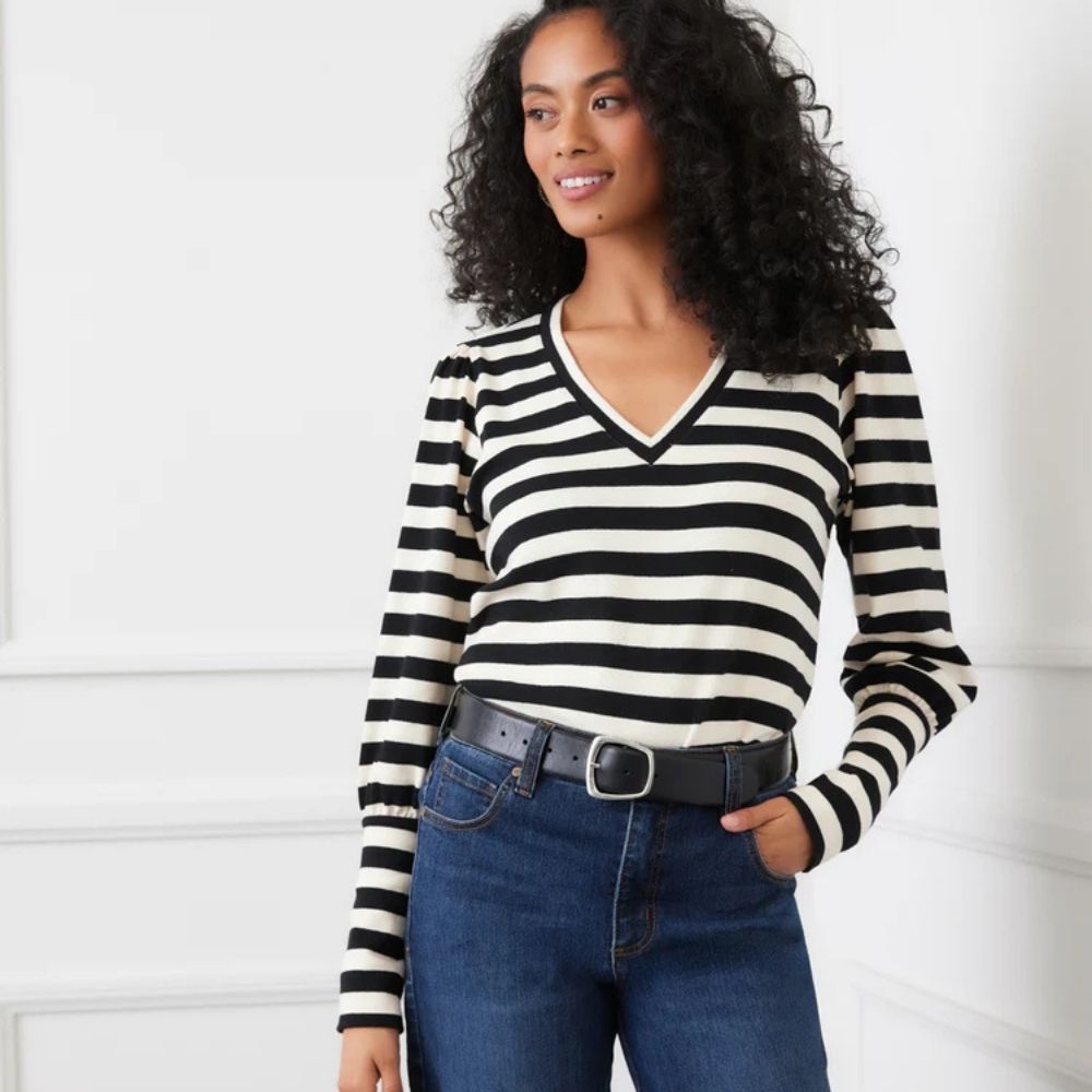 Stripe Bishop Sleeve V-Neck Top