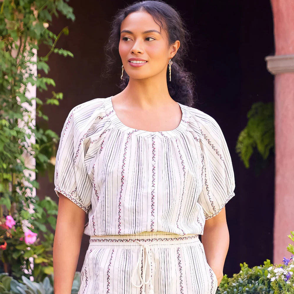 Stripe Puff Sleeve Embroidered Peasant Top