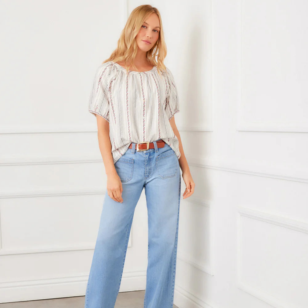 Stripe Puff Sleeve Embroidered Peasant Top