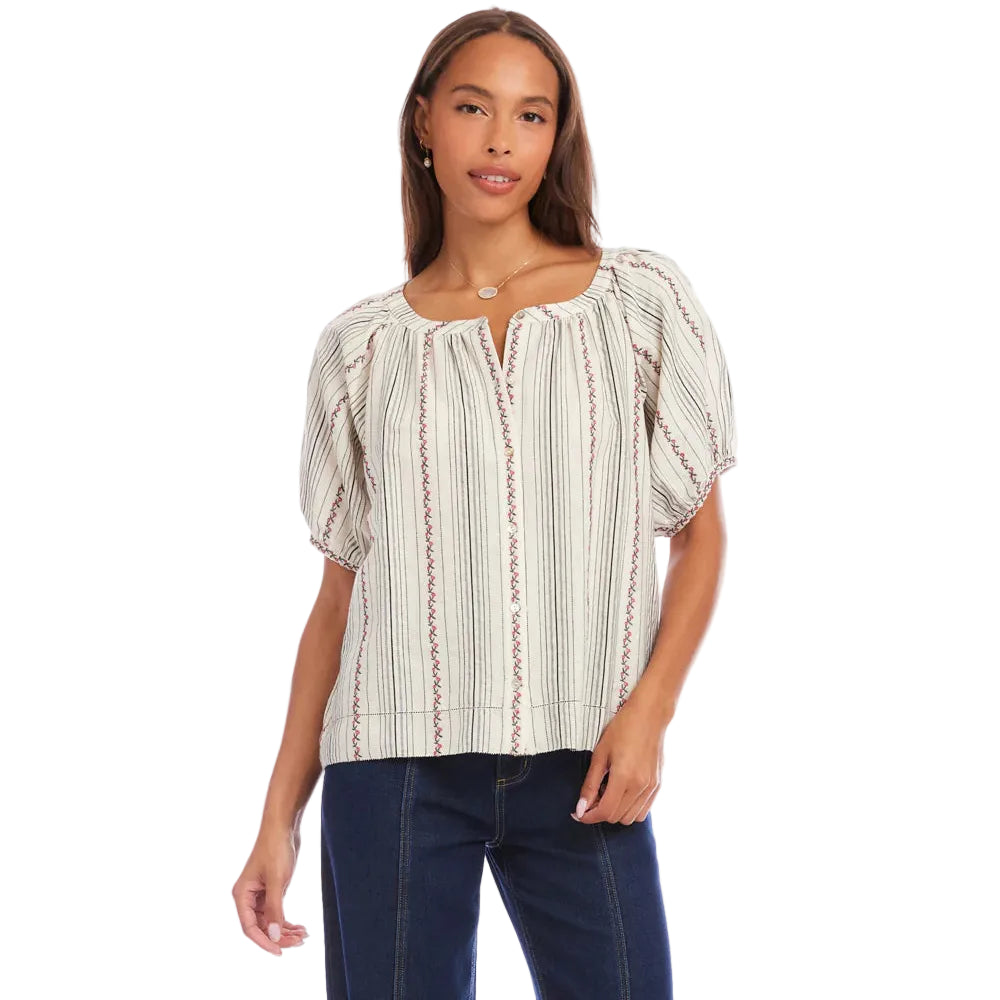 Stripe Puff Sleeve Embroidered Peasant Top