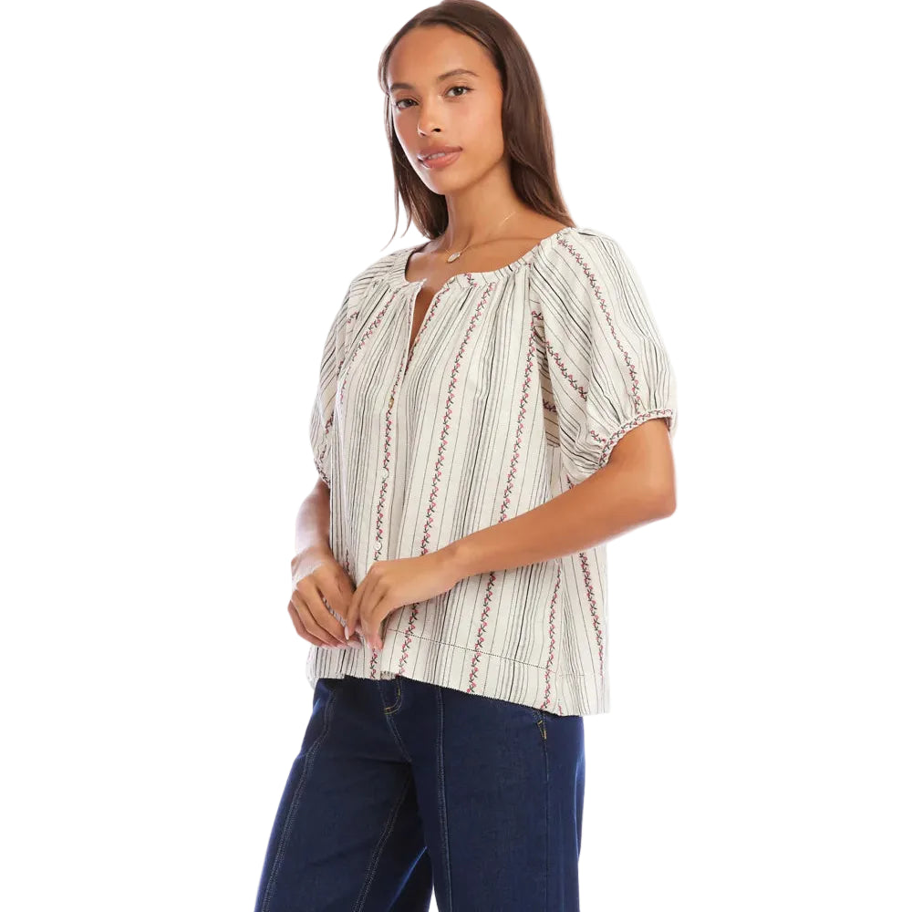 Stripe Puff Sleeve Embroidered Peasant Top