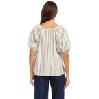 Stripe Puff Sleeve Embroidered Peasant Top