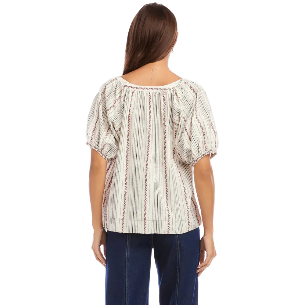Stripe Puff Sleeve Embroidered Peasant Top