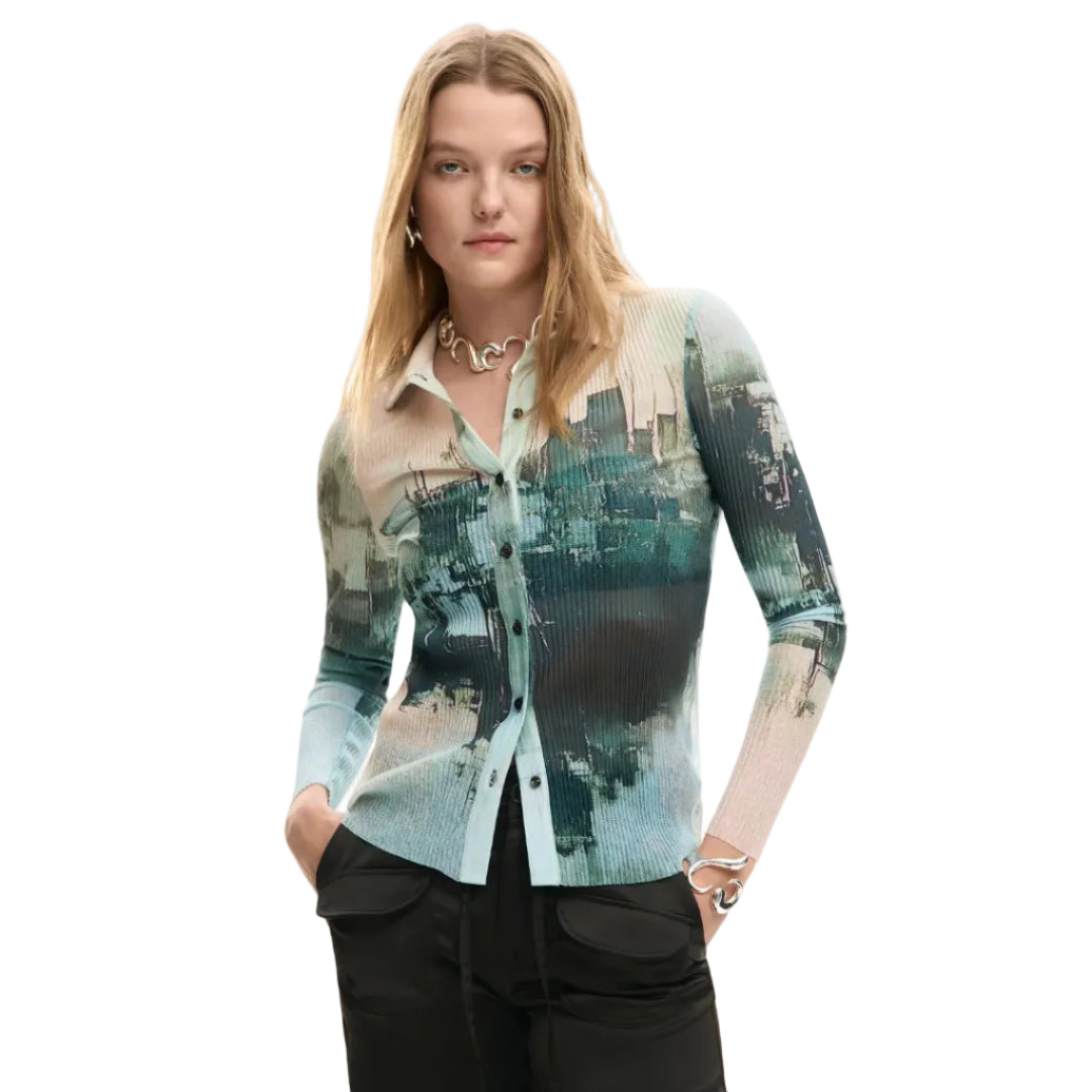 Fitted Button Down Textured and Printed Shirt