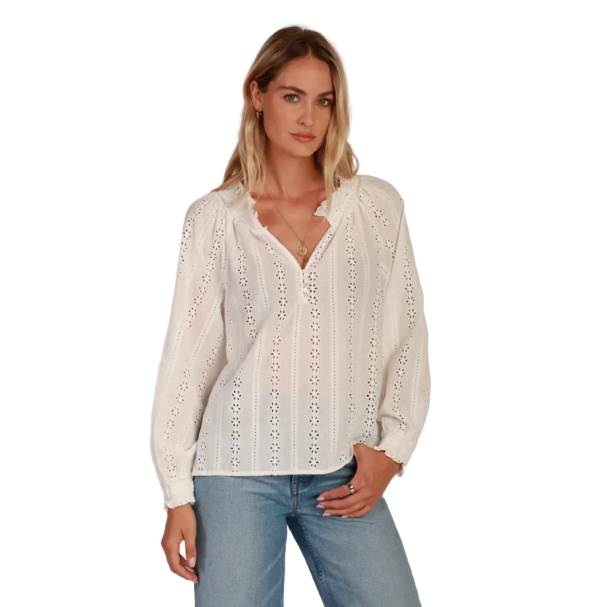 Dylan Talia Blouse in White with embroidered cotton fabric and ruffle neckline