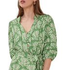 Womens resort style dress in green and cream print