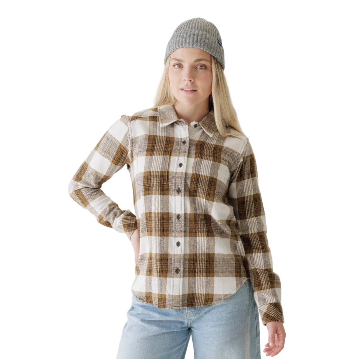 Woman wearing KAVU Women's Moondrift Flannel Shirt in Winter Bark front view