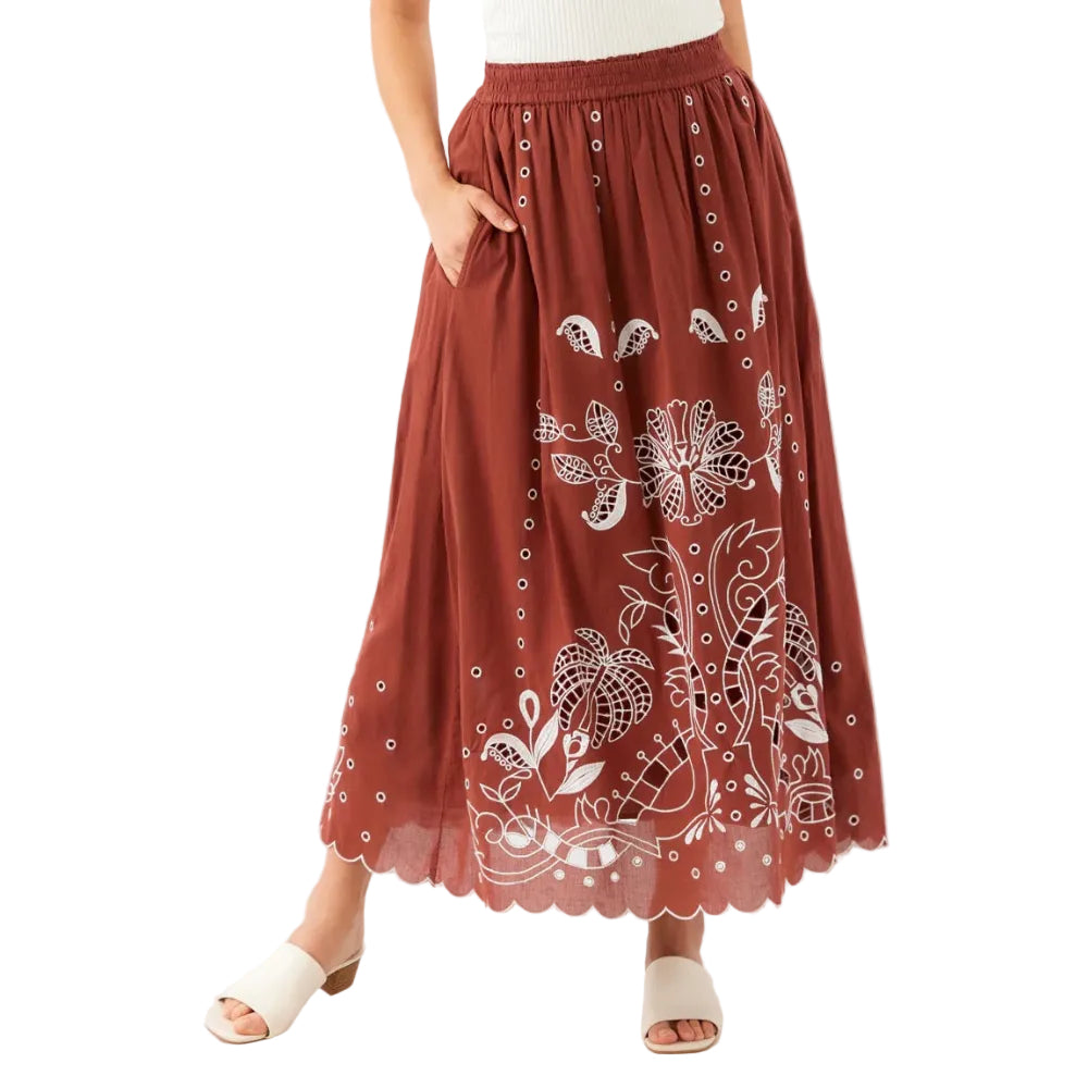Front view of the Karen Kane Cut-Out Embroidery Midi Skirt in Chocolate, showcasing the embroidered detailing and flattering midi silhouette.