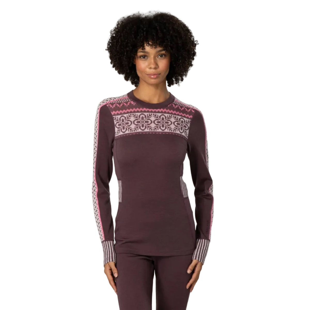 Kari Traa Women’s Ines Long Sleeve in Cocoa Powder front view with Scandinavian-inspired chest and sleeve pattern