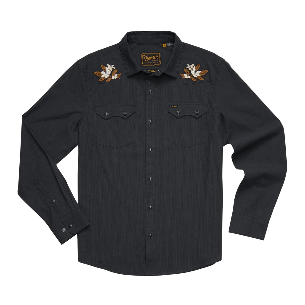 Howler Brothers Men's Crosscut Deluxe Longsleeve in Orange Blossoms Antique Black front view