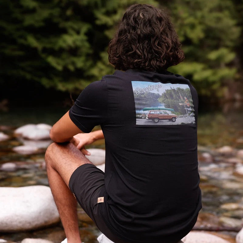 Close-up detail of Tentree Lake Day graphic on Meteorite Black t-shirt