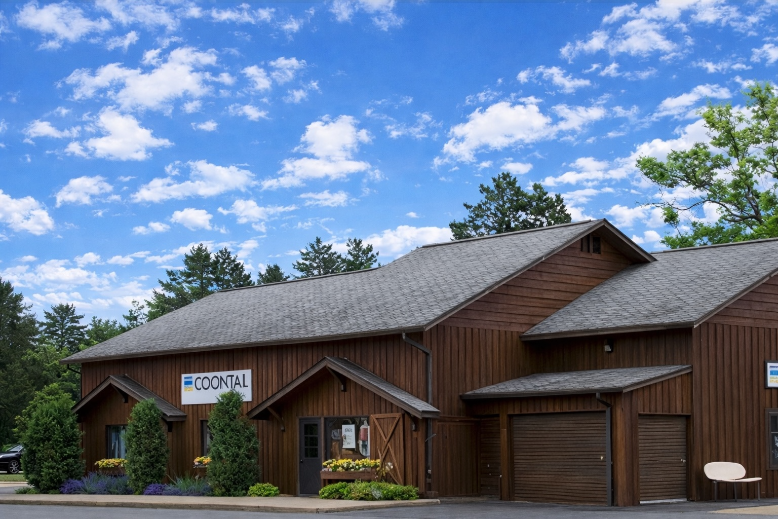 Wooden building with a sign on a clear day