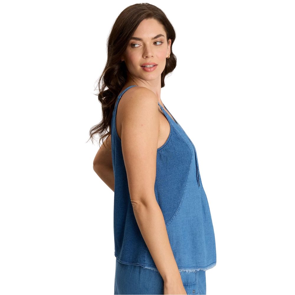Norelle Flowy Pintuck Mock-Denim Twill Tank