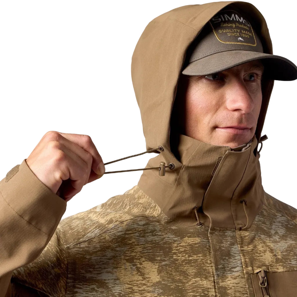 Adjustable storm hood detail on Simms Men’s Challenger Fishing Jacket
