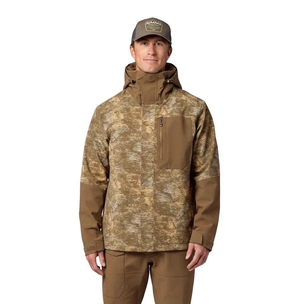 Front view of Simms Men’s Challenger Fishing Jacket in Windy Jasper waterproof fishing jacket
