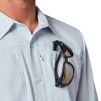 Simms Men’s Launch LS Shirt in Bimini Blue chest pocket sunglass holder