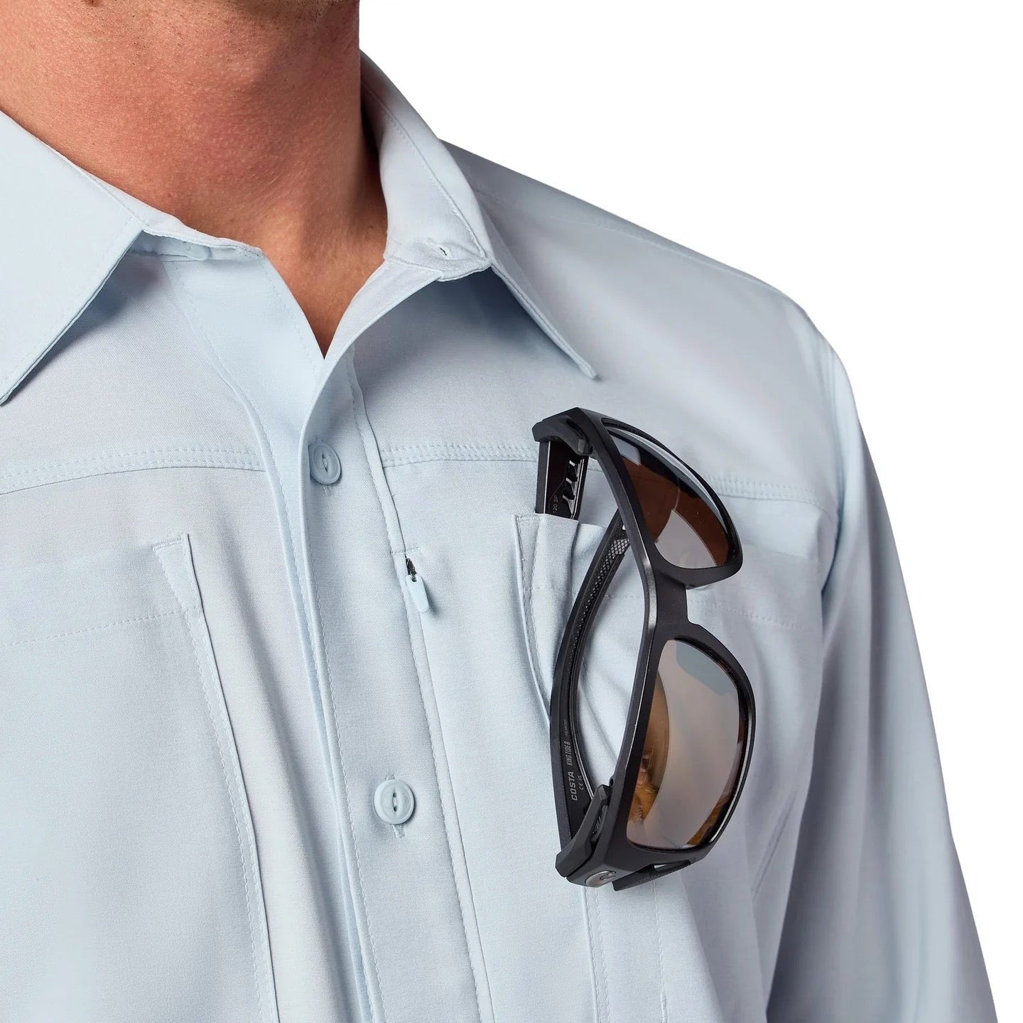 Simms Men’s Launch LS Shirt in Bimini Blue chest pocket sunglass holder