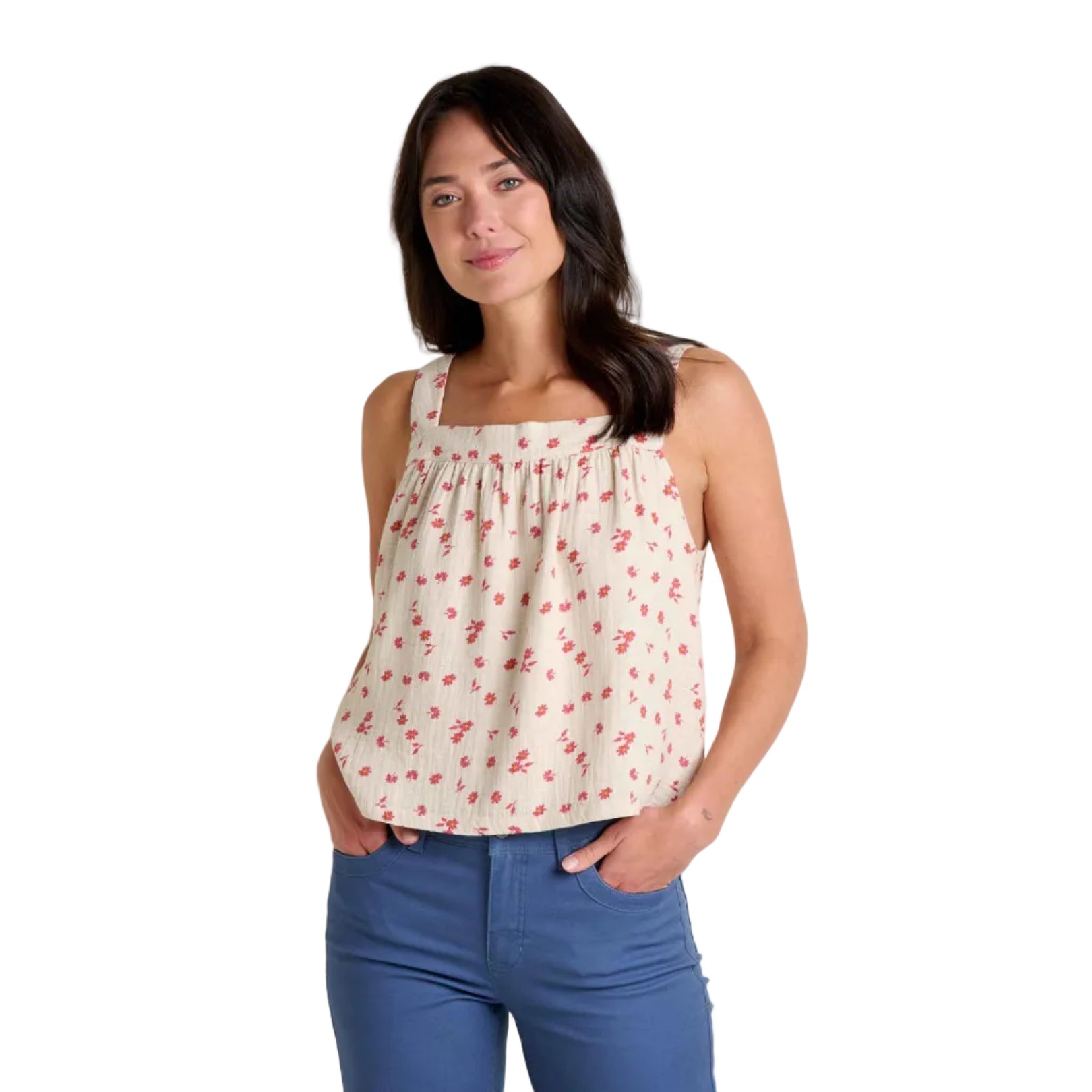Boxy fit sleeveless top worn in warm weather