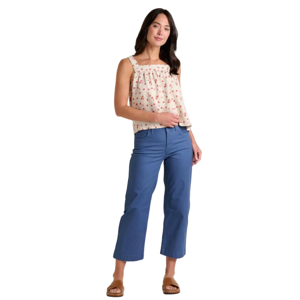 Tate tank in salt print pattern with blue pants and sandals