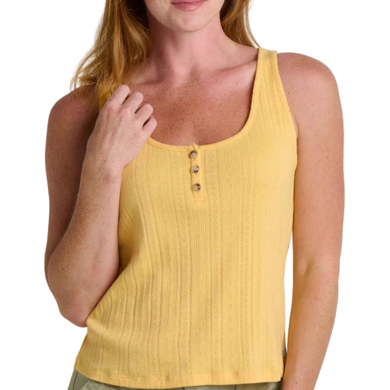 Sleeveless henley tank top with button front