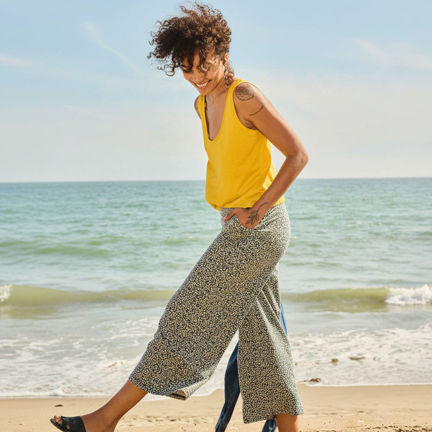 Comfortable womens pants styled for casual outing at the beach or lake
