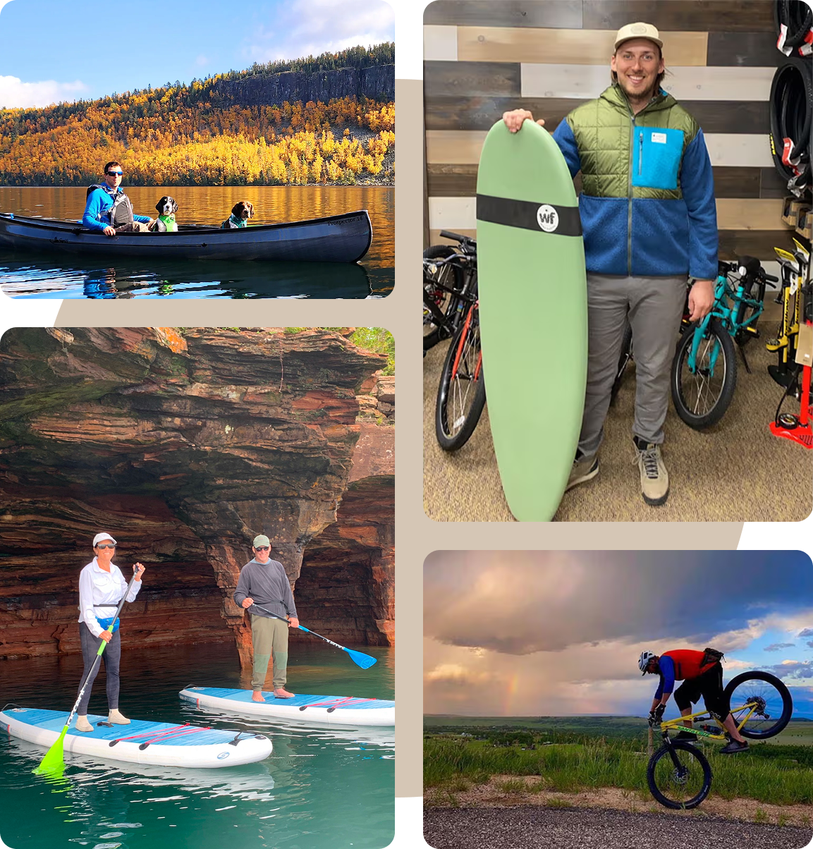 Collage of a man in various outdoor settings with different activities.