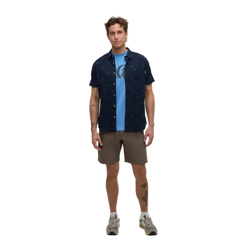 Mens short sleeve button up with lake life pattern