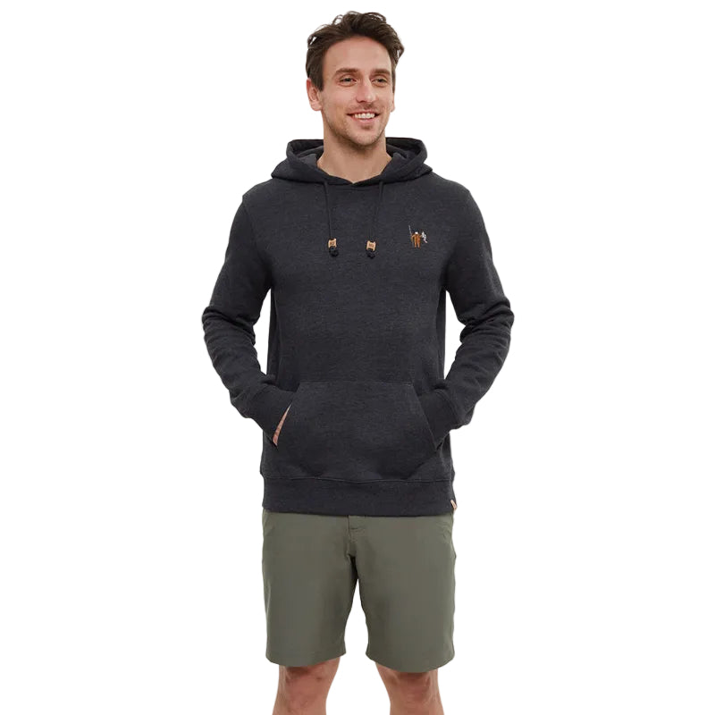 tentree Sasquatch hoodie meteorite black heather fishing graphic