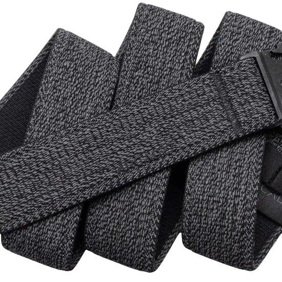 Close-up of the Arcade Atlas Slim Belt in Heather Black with stretch webbing 