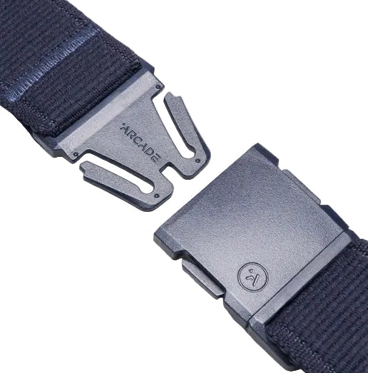 Close-up of Arcade Atlas Slim Navy Belt patented A2 buckle