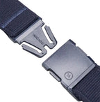 Close-up of Arcade Atlas Slim Navy Belt patented A2 buckle