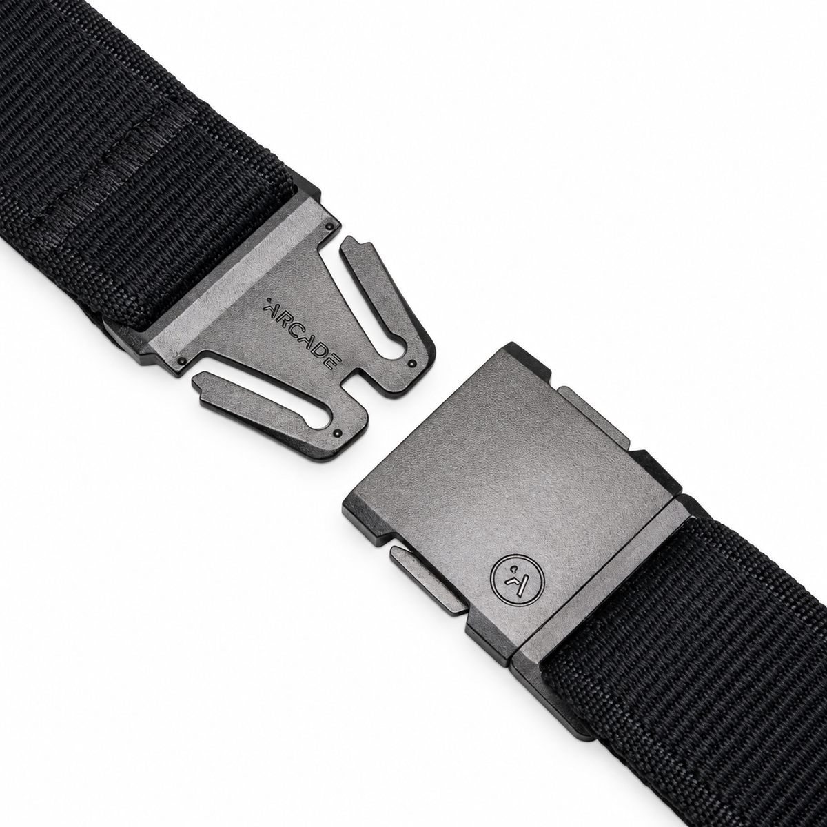 Close-up of Arcade Atlas Belt Black patented A2 buckle