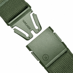 Close-up of Arcade Atlas Forest Belt patented A2 buckle