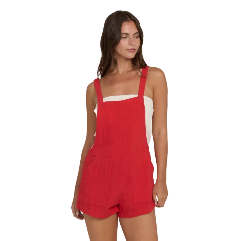 Billabong Beach Crush Overall romper in Fiesta Red front view