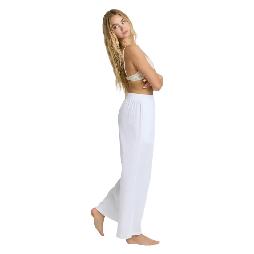 Close-up detail of Billabong Follow Me Pants showing elastic waistband and double slub gauze fabric