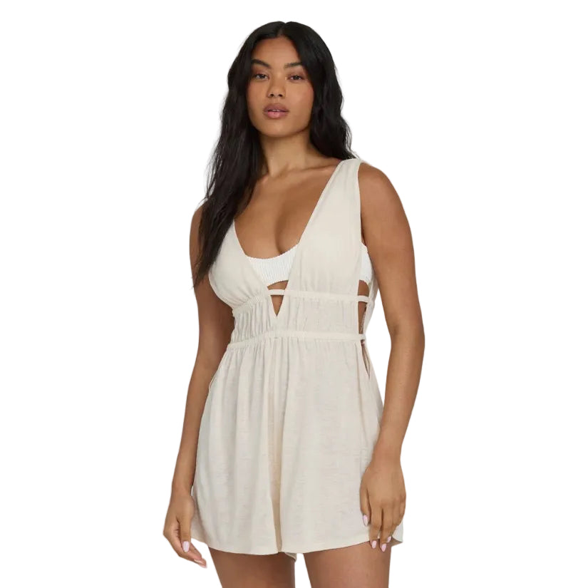 Billabong Golden Sun Romper showing V-neckline and elastic waist detail