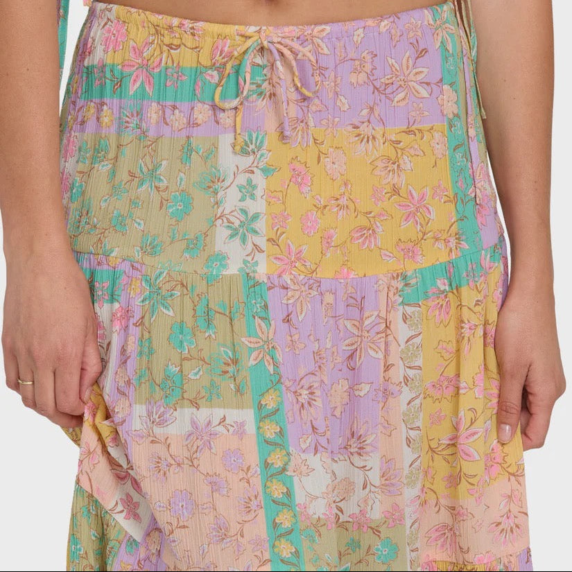 Close-up detail of Billabong Just A Girl Maxi Skirt showing crinkle viscose fabric and drawcord waistband