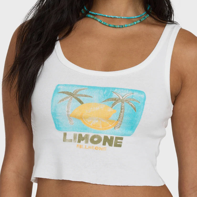 Close-up detail of Billabong Summer Sweetness Tank showing front graphic artwork and rib knit fabric