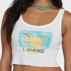Close-up detail of Billabong Summer Sweetness Tank showing front graphic artwork and rib knit fabric