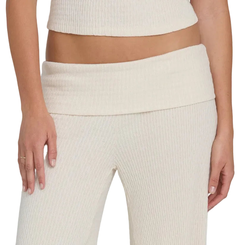 Close-up detail of Billabong Sweet Coast Pant showing rib pointelle knit fabric and fold-over waistband