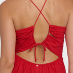 Close-up detail of Billabong Take It Back Maxi Dress showing crosshatch slub fabric and adjustable tie closure