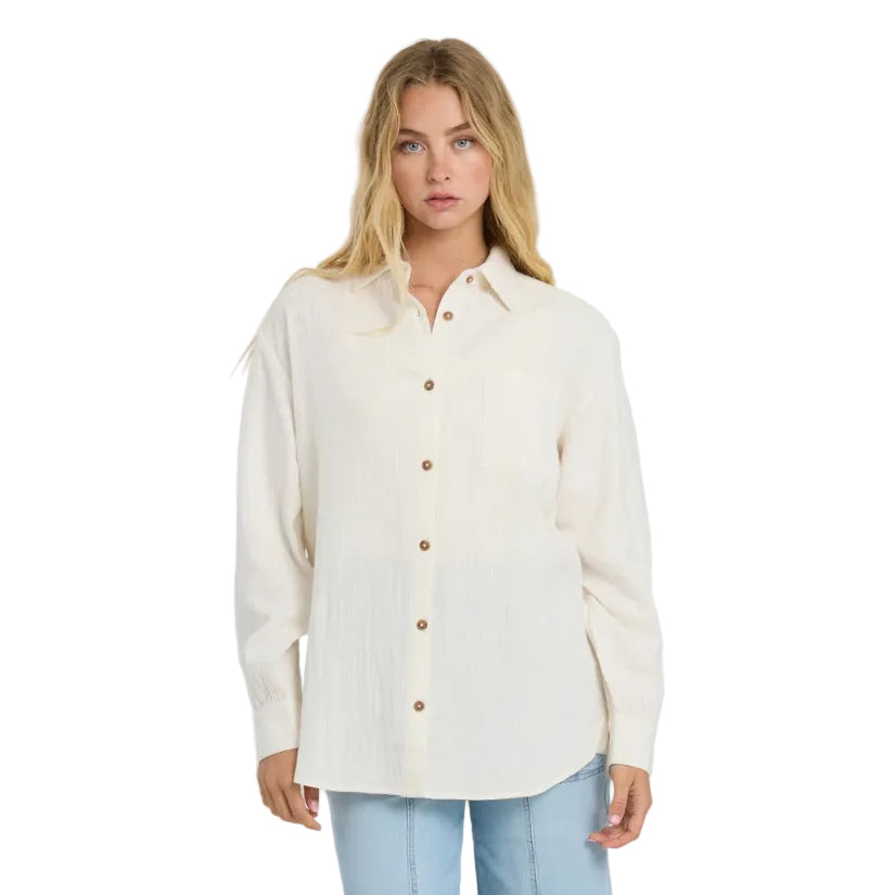 Billabong Wanderer Solid Long Sleeve Woven Top in Salt Crystal back view