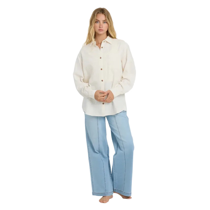 Billabong Wanderer Solid Long Sleeve Woven Top in Salt Crystal full body view