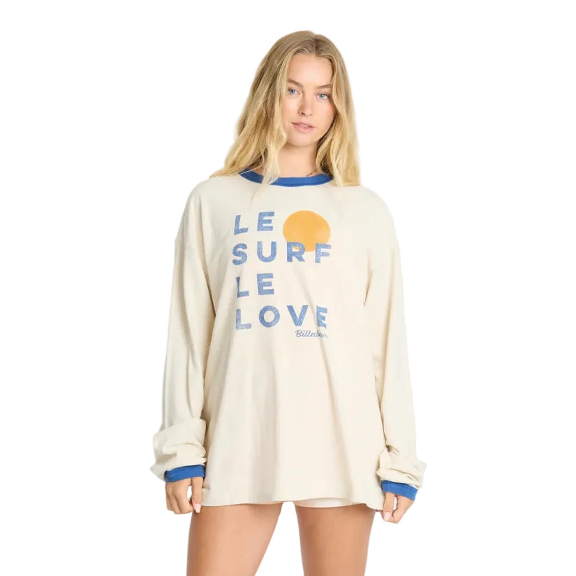 Front view of Billabong Women’s Le Love Surf Long Sleeve Ringer T-Shirt in White Cap