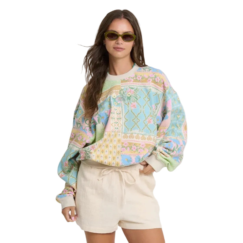 Front view of Billabong Women’s Love Crush Kendal Crewneck Sweatshirt in White Multi