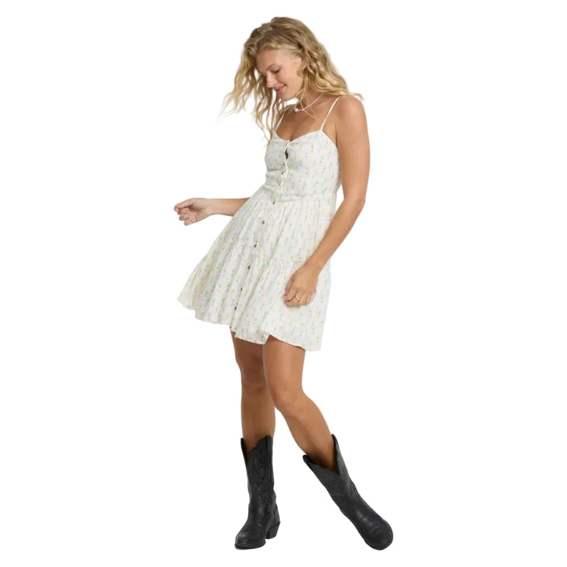 Full-body view of model wearing Billabong Prairie Days Mini Dress in Salt Crystal
